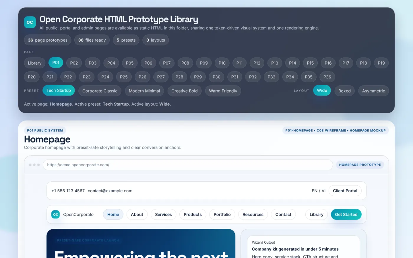 The corporate homepage assembles hero, services, about, portfolio, testimonials, articles and a newsletter call to action into one coherent page.