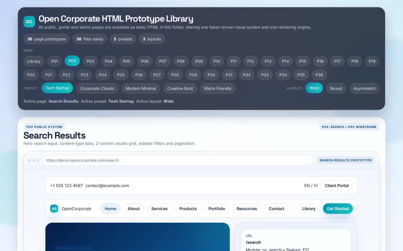 Site search returns results grouped by content type alongside sidebar filters for industry, language and update date, plus pagination.