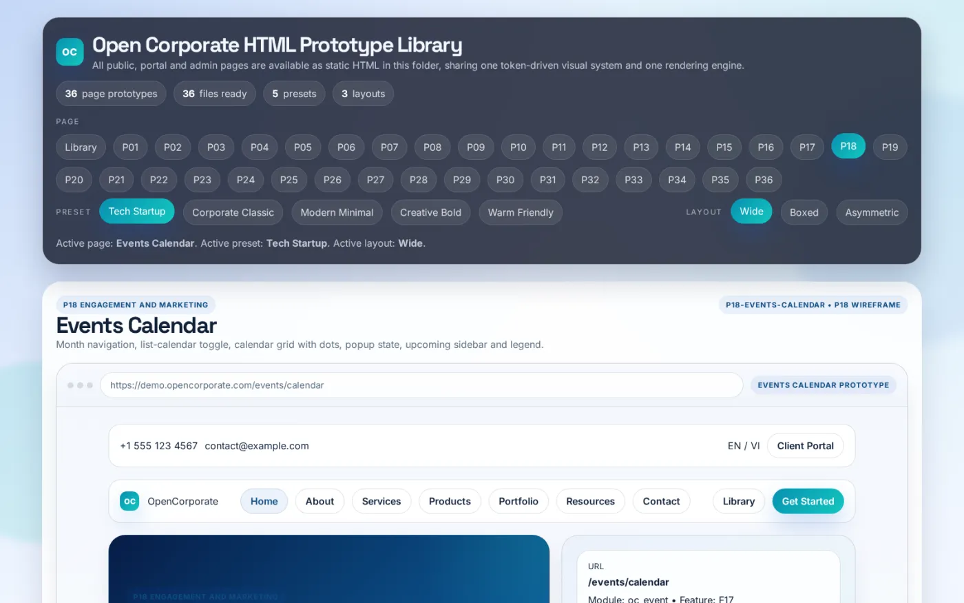 Events appear on a month calendar with type markers, a legend and an upcoming list, switchable between month, week and list views.