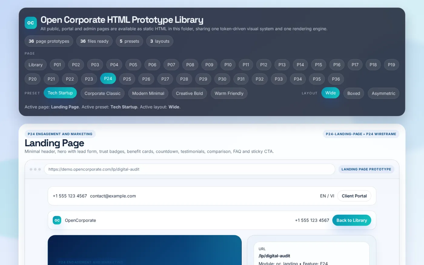 A campaign landing page leads with a lead capture form, then stacks proof, benefits, a countdown, a plan comparison and a sticky call to action.