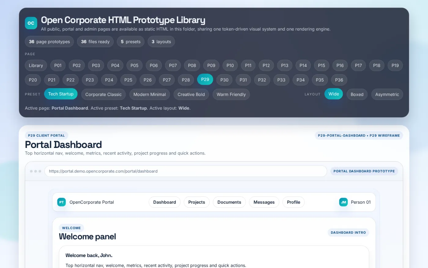The client portal dashboard summarises active projects, pending tasks, documents and unread messages, with recent activity and quick actions.