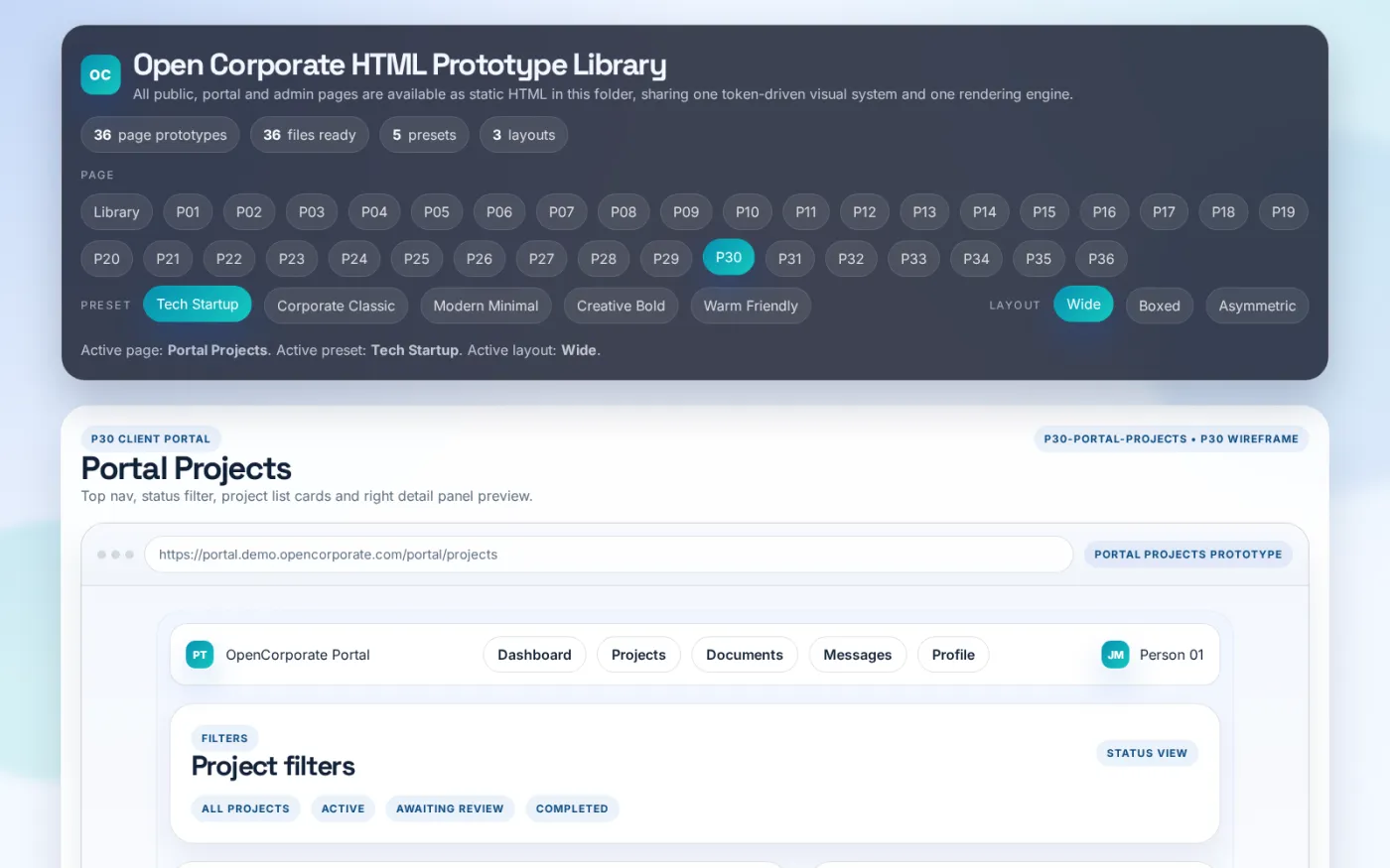 Clients follow their projects in a filterable list with status badges and progress, opening a detail panel beside it for milestones.