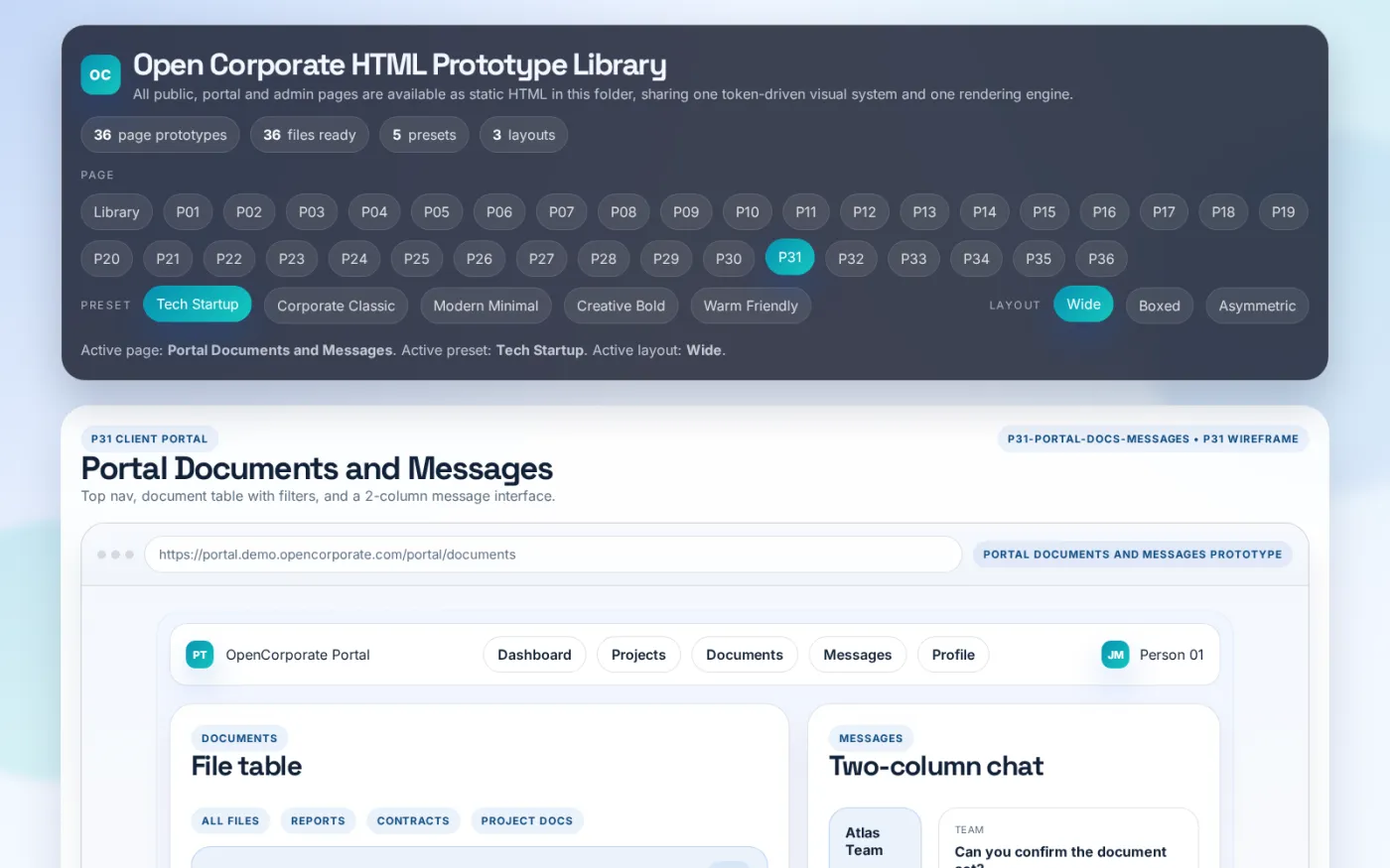 Shared documents sit in a filterable table next to a two-column message thread, keeping files and conversation in one controlled space.