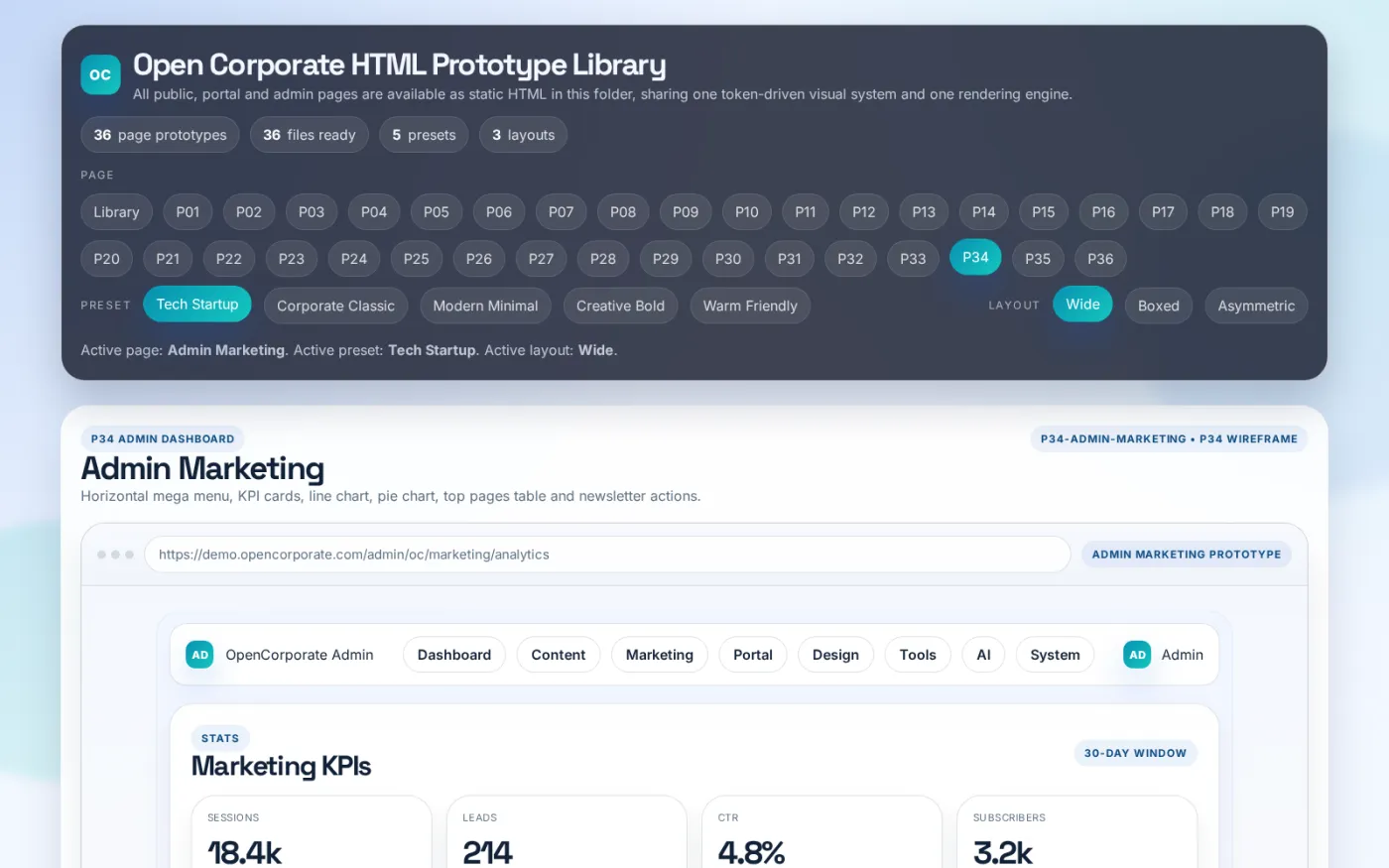 The marketing console reports traffic and lead performance with charts, a top pages table and controls for newsletter and campaign work.