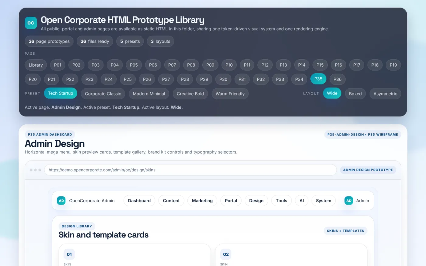 The design area switches visual presets and templates and edits the brand kit, covering palette swatches, logo upload and typography choices.