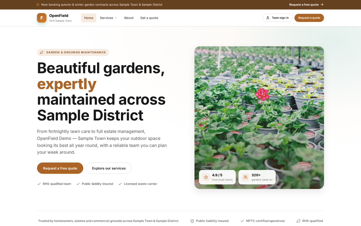 The public-facing site a field-service business publishes to win work, showing its services, credentials and the route into requesting a quote.