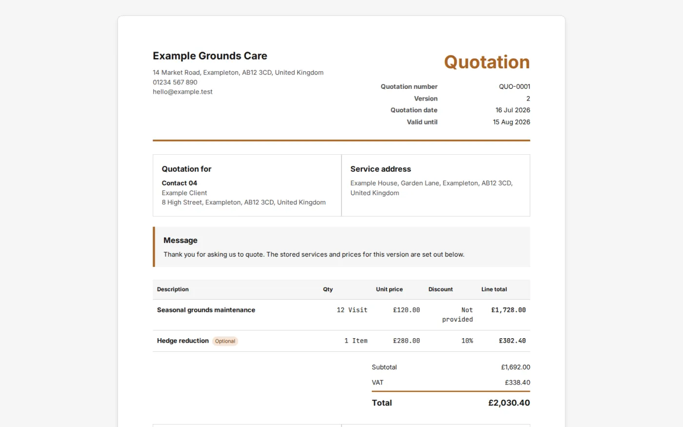 The quotation exactly as the customer receives it, setting out priced and optional lines, terms and payment conditions on a single page.