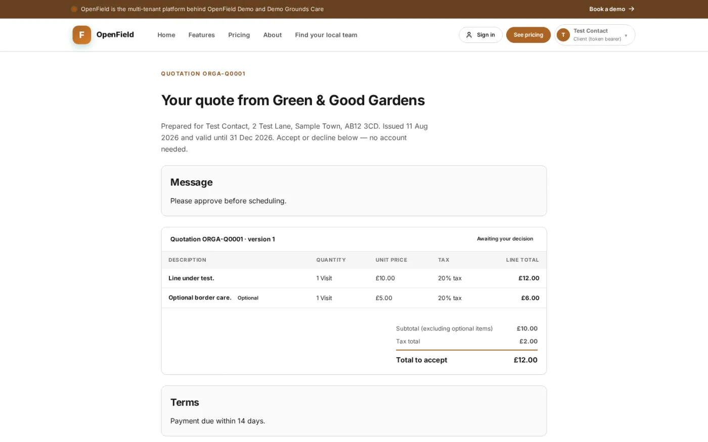 The page a customer opens from an emailed quote to read the priced lines and terms and then accept or decline without creating an account.