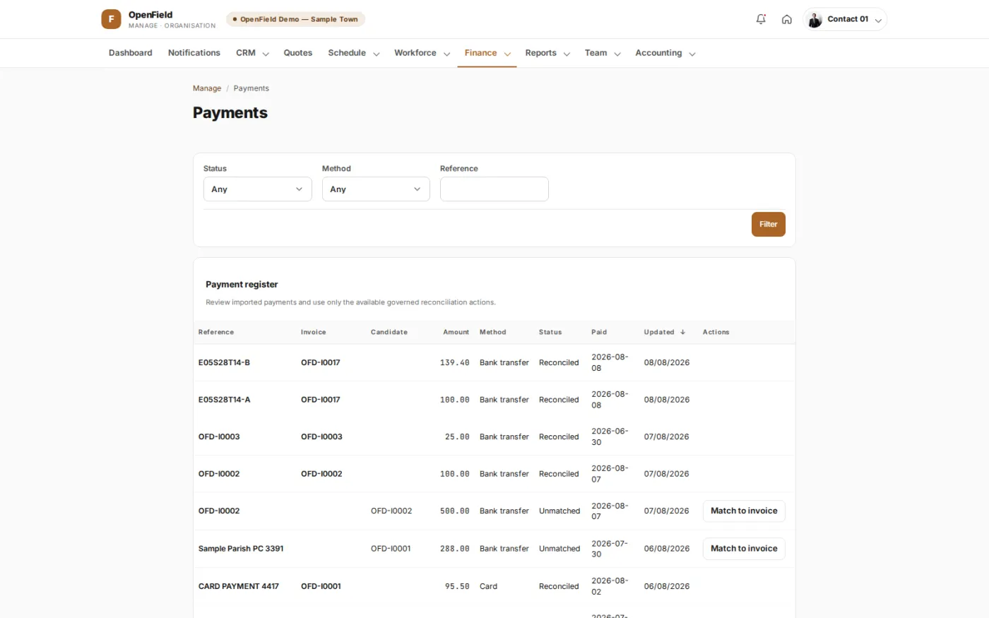 Incoming payments matched against invoices, with unmatched receipts held next to candidate invoices so the ledger can be reconciled by hand.