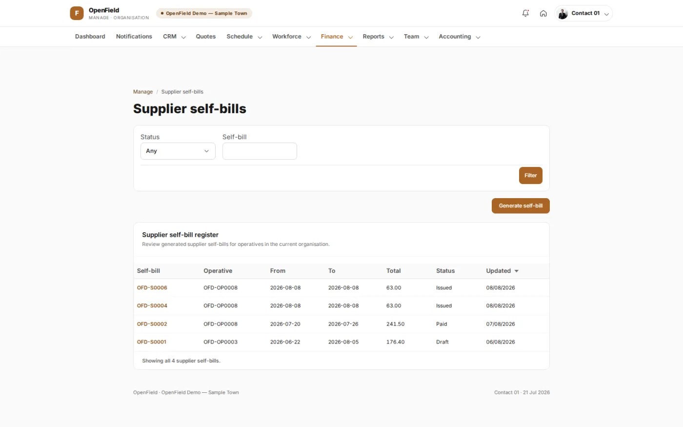 Self-billed invoices raised to subcontractors from their approved hours, each showing the period covered, the total and its payment status.