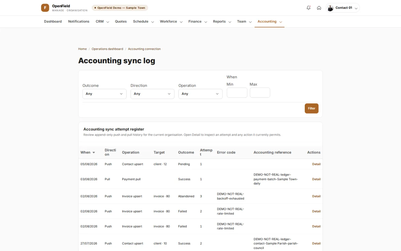 Every push and pull against the connected accounting system with its outcome, attempt count and error code, so a failure can be re-queued.