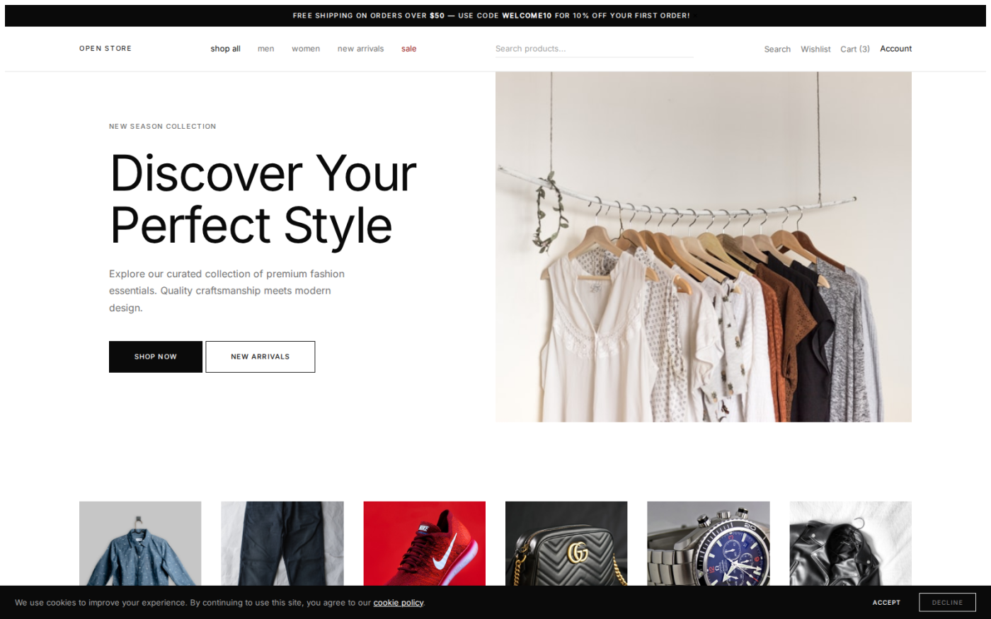 Minimal Mono — one of twenty shipped storefront themes, all over the same shop layout: black, white and type only, leaving the photography to carry it.