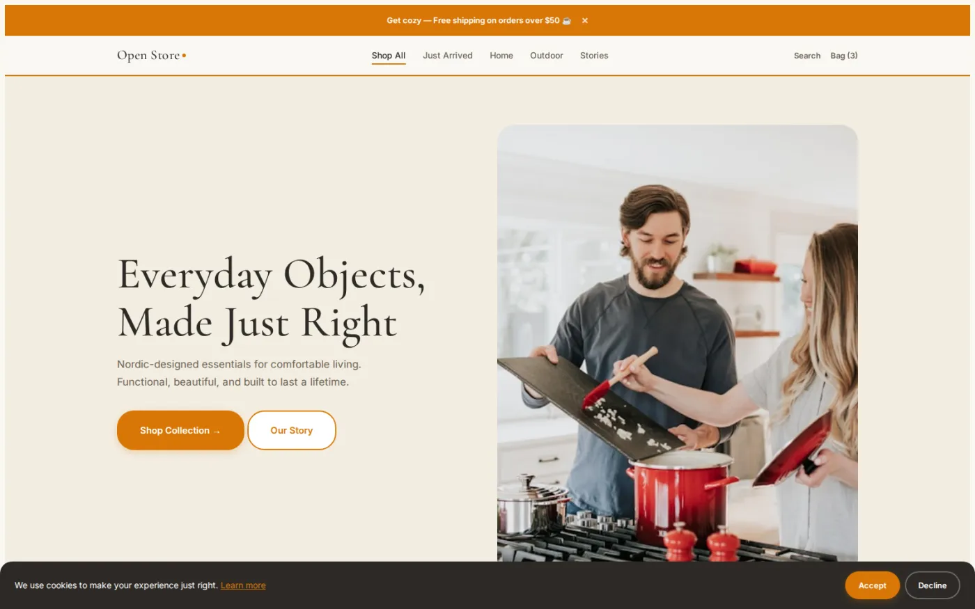 Scandinavian Hygge — one of twenty shipped storefront themes, all over the same shop layout: pale wood, soft neutrals and wide whitespace.