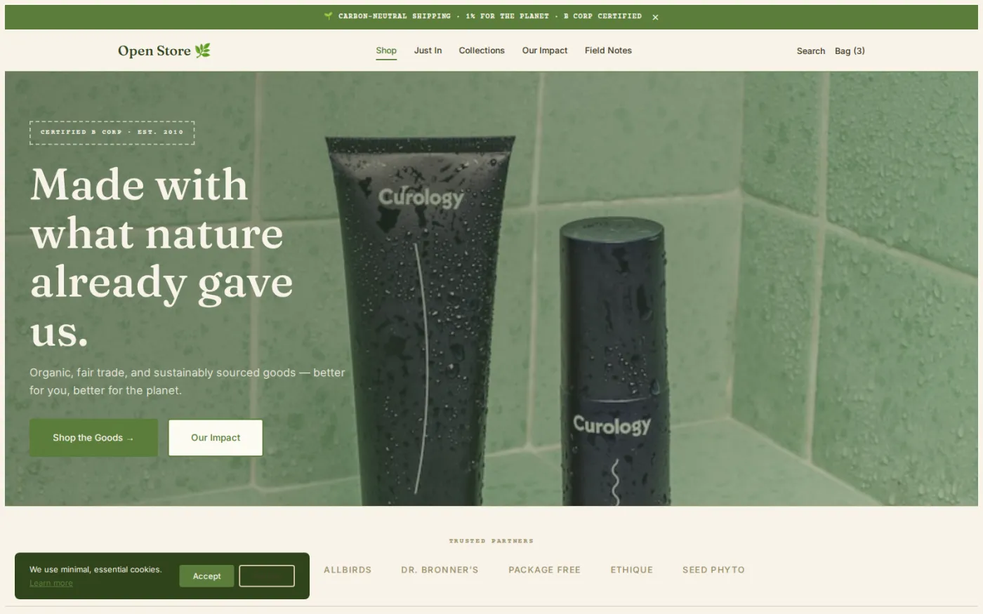 Organic Eco — one of twenty shipped storefront themes, all over the same shop layout: recycled-paper texture and earth tones.