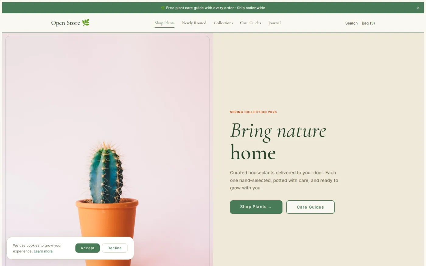 Plant Botanical — one of twenty shipped storefront themes, all over the same shop layout: deep greens and botanical illustration.