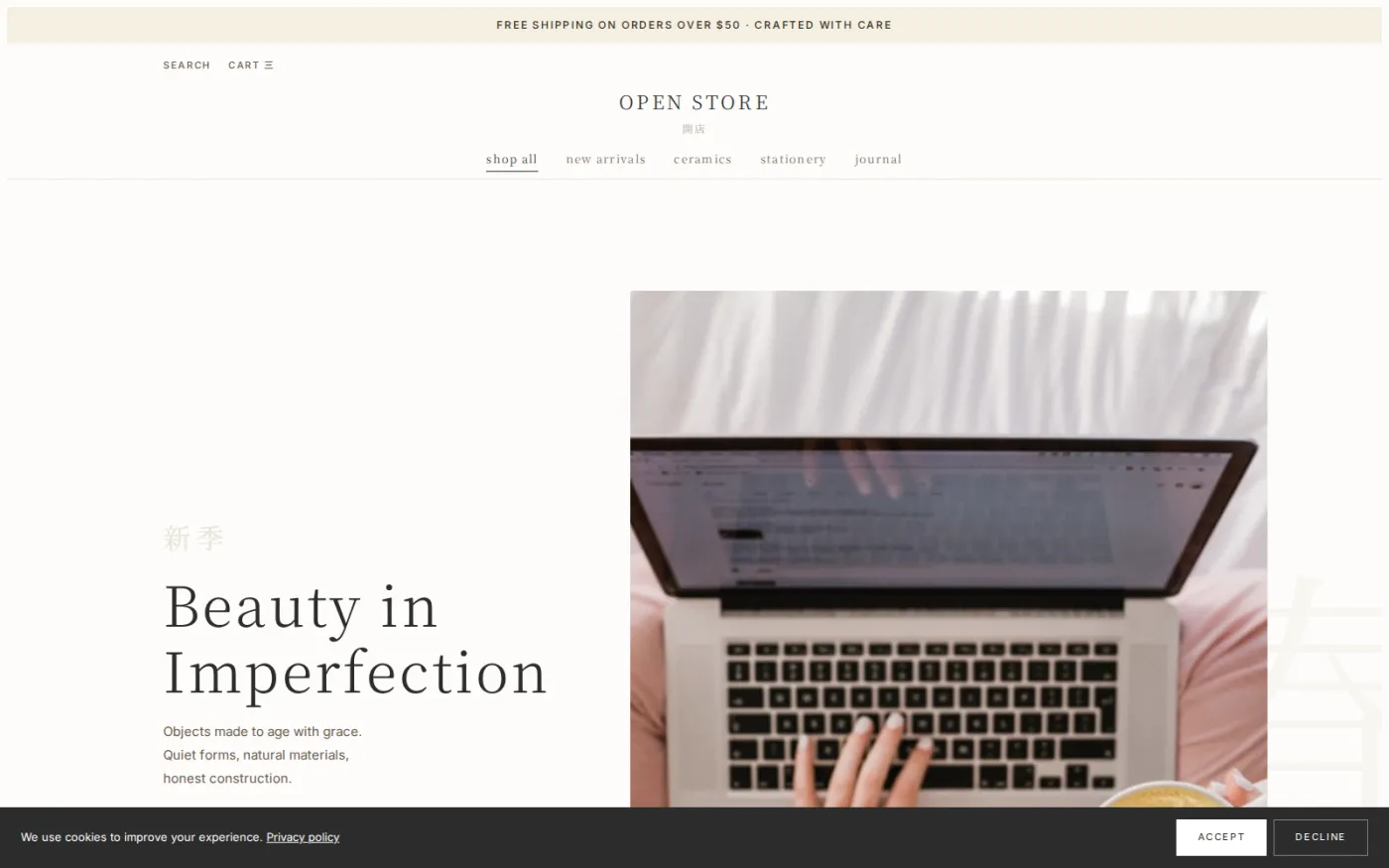 Japanese Wabi-Sabi — one of twenty shipped storefront themes, all over the same shop layout: muted clay tones and deliberate asymmetry.