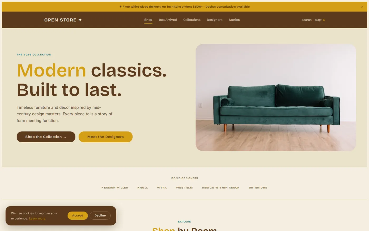 Mid-Century Modern — one of twenty shipped storefront themes, all over the same shop layout: mustard and teal in geometric blocks.