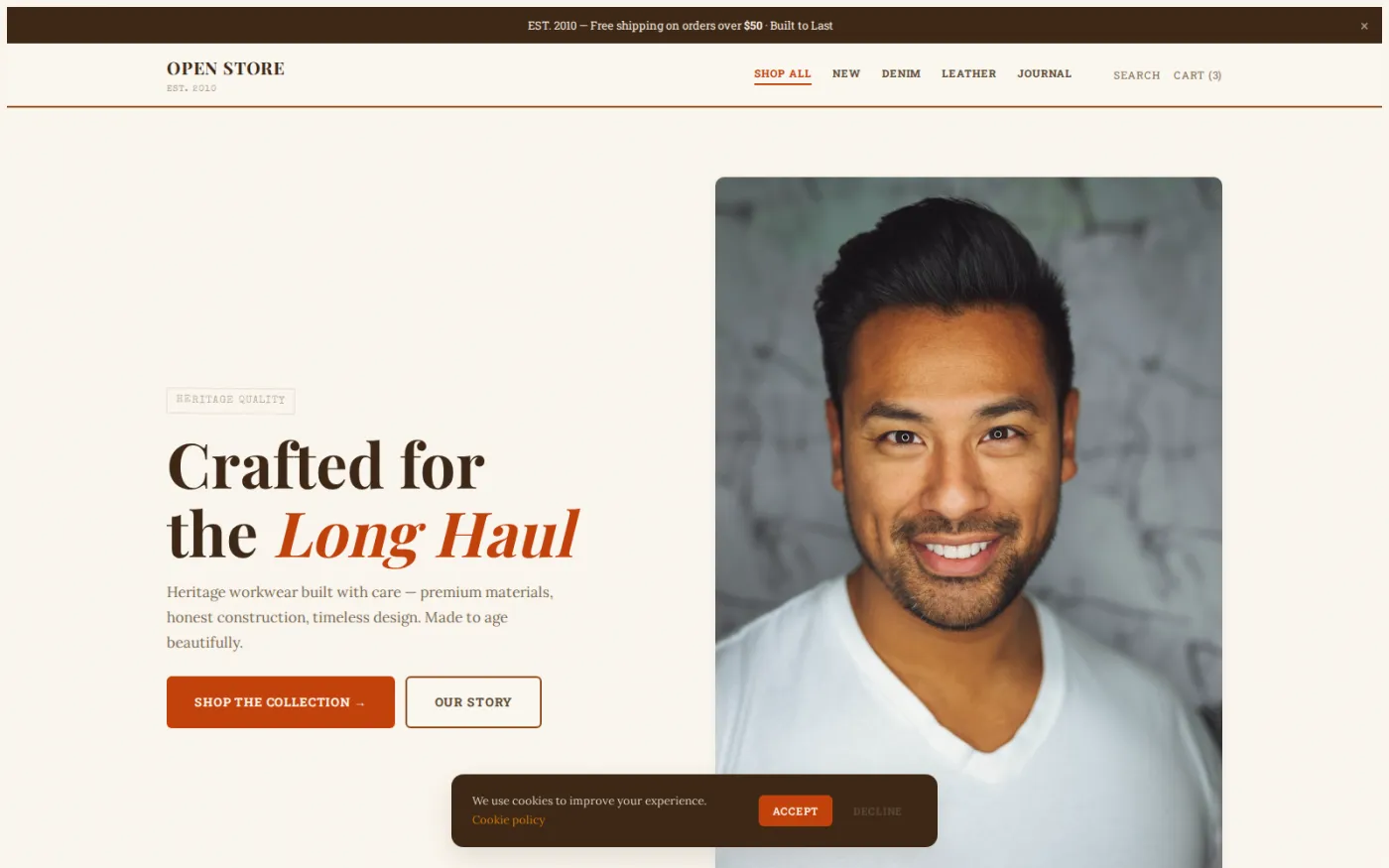 Vintage Warm — one of twenty shipped storefront themes, all over the same shop layout: aged paper, serif headlines and sepia framing.