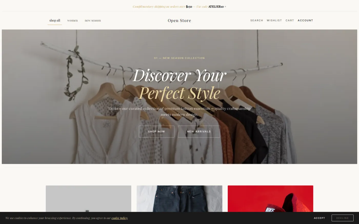 Luxury Boutique — one of twenty shipped storefront themes, all over the same shop layout: black and gold with wide letter-spacing.