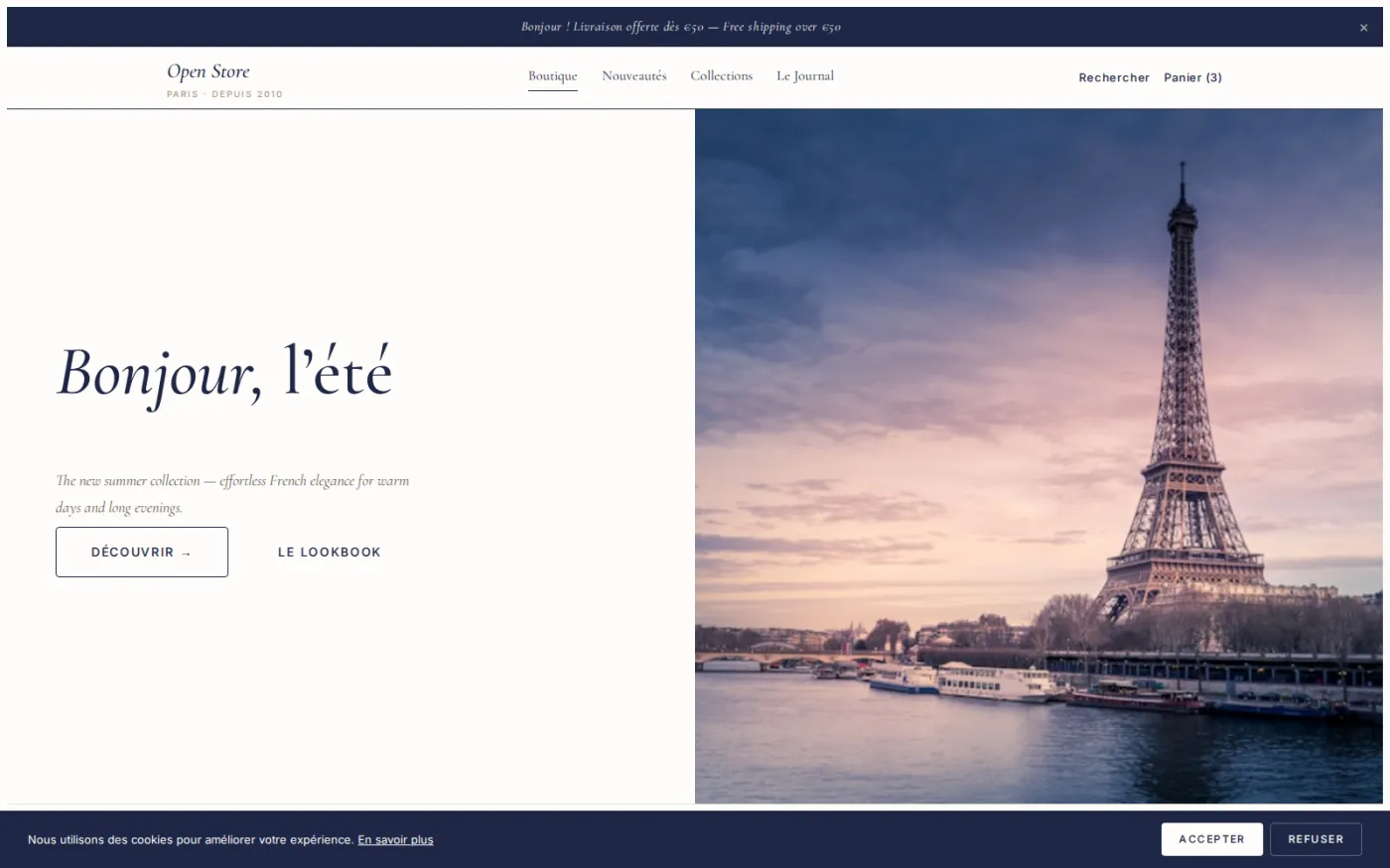 Parisian Chic — one of twenty shipped storefront themes, all over the same shop layout: cream, fine serifs and hairline rules.