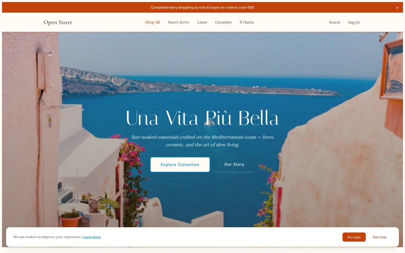 Mediterranean Coast — one of twenty shipped storefront themes, all over the same shop layout: sea blue and sun-bleached white, running in Italian.