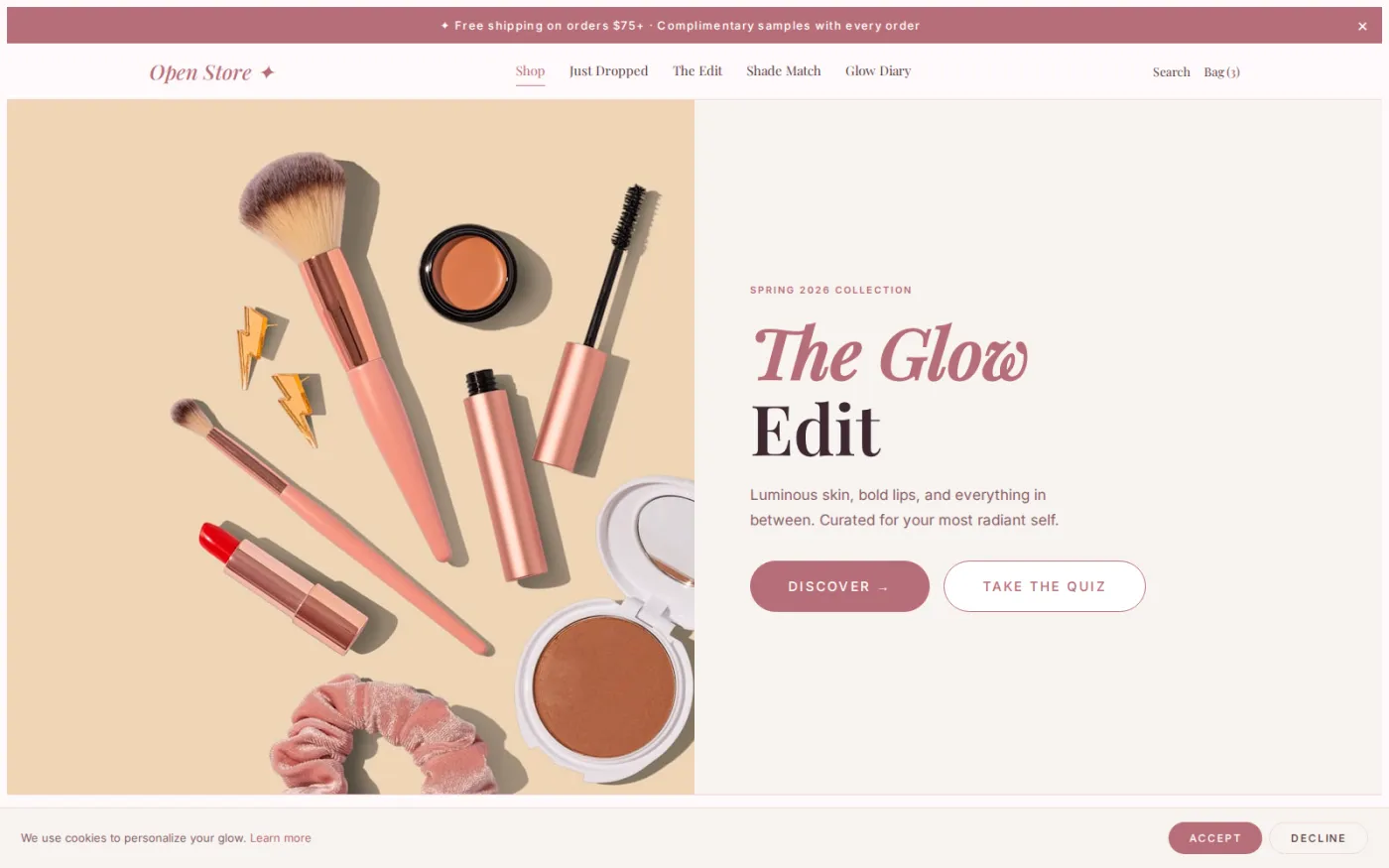 Beauty Glamour — one of twenty shipped storefront themes, all over the same shop layout: high-contrast pink and gloss for cosmetics.