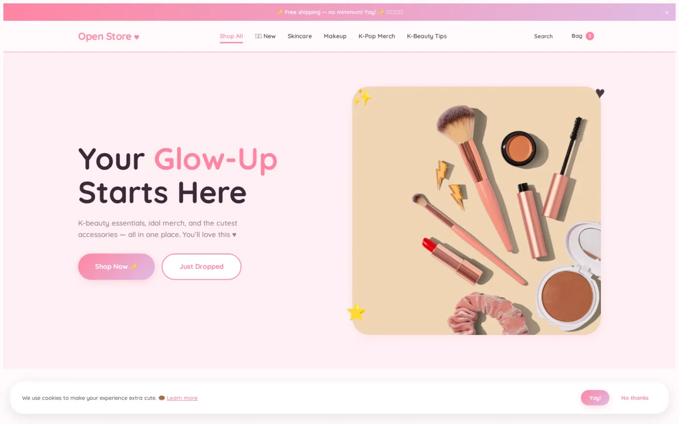 K-Beauty Pop — one of twenty shipped storefront themes, all over the same shop layout: bright pastels and rounded cards for skincare.