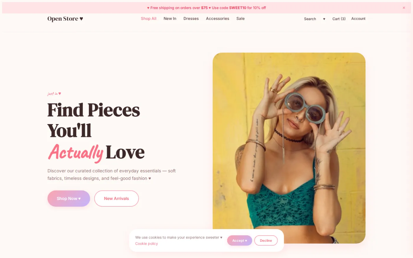 Pastel Soft — one of twenty shipped storefront themes, all over the same shop layout: low-saturation pastels and soft shadows.