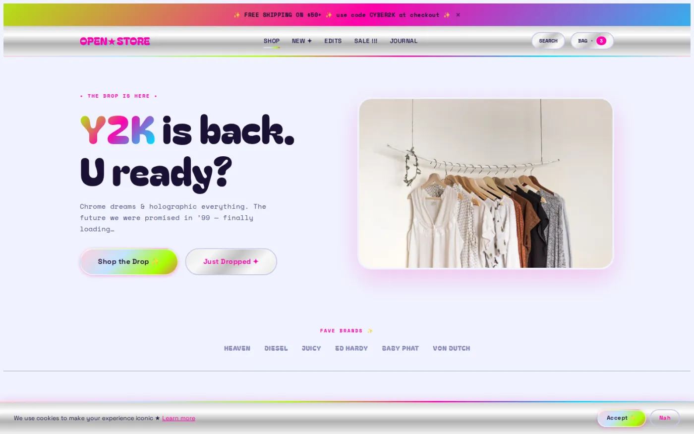 Y2K Retro — one of twenty shipped storefront themes, all over the same shop layout: chrome gradients and early-web styling.