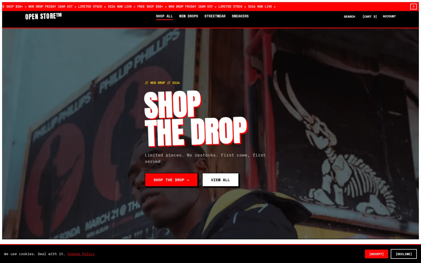 Street Vibe — one of twenty shipped storefront themes, all over the same shop layout: heavy condensed type and hard edges.