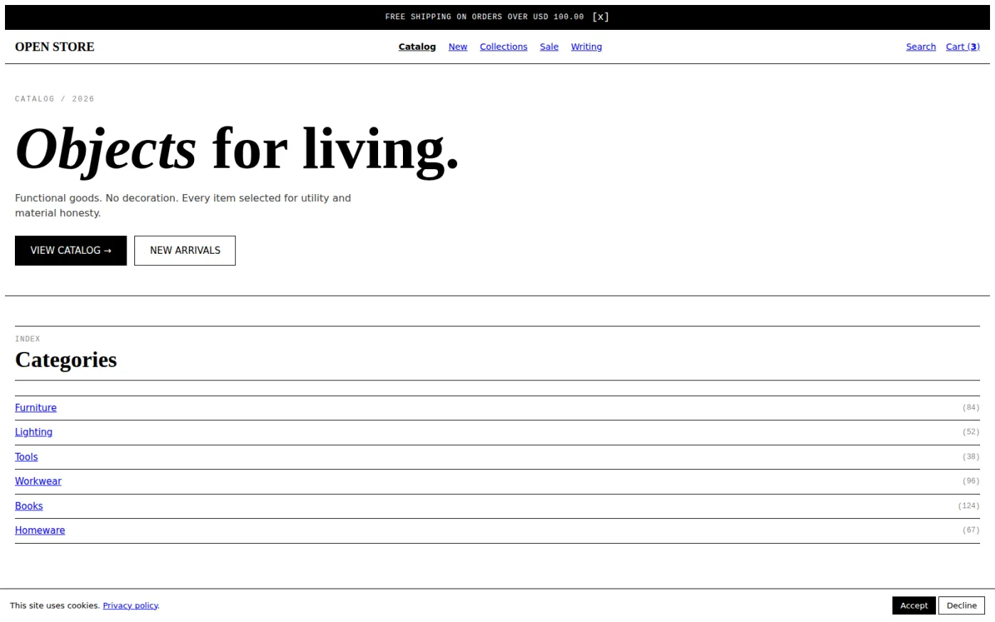 Brutalist Raw — one of twenty shipped storefront themes, all over the same shop layout: bare borders and monospaced type, deliberately raw.