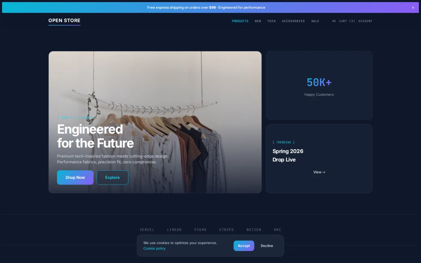Tech Modern — one of twenty shipped storefront themes, all over the same shop layout: dark surfaces and precise spacing for electronics.