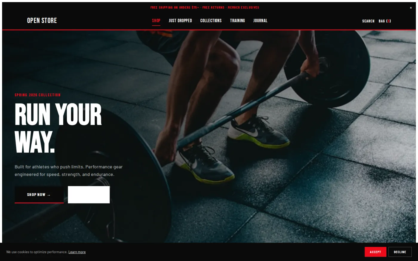 Athletic Performance — one of twenty shipped storefront themes, all over the same shop layout: bold uppercase and high-energy colour.