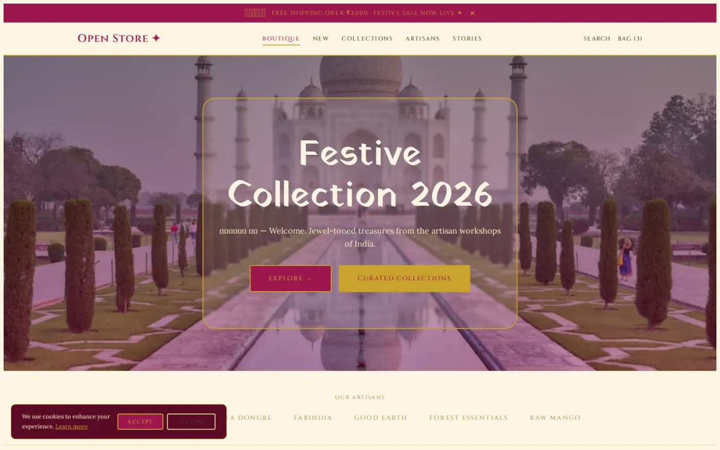 Indian Bazaar — one of twenty shipped storefront themes, all over the same shop layout: saturated festival colour and ornament.
