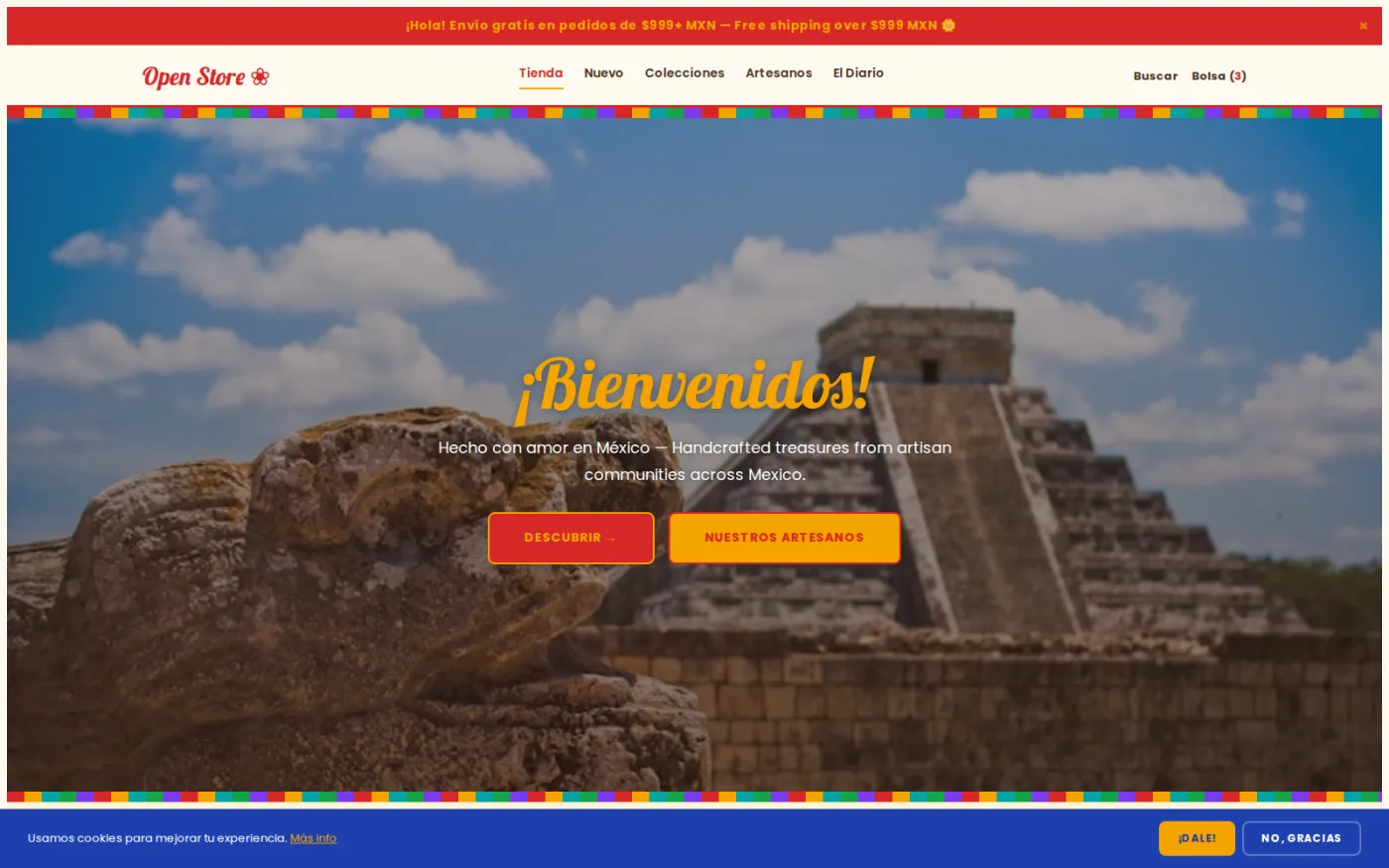 Mexican Folk — one of twenty shipped storefront themes, all over the same shop layout: folk-art pattern and hot colour, running in Spanish.