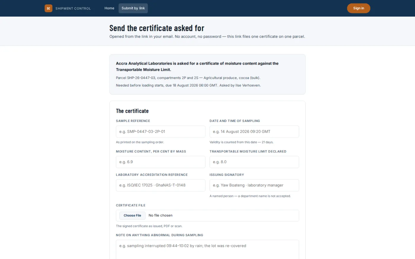 A counterparty with no account submits through a single-use link opened straight from an email.