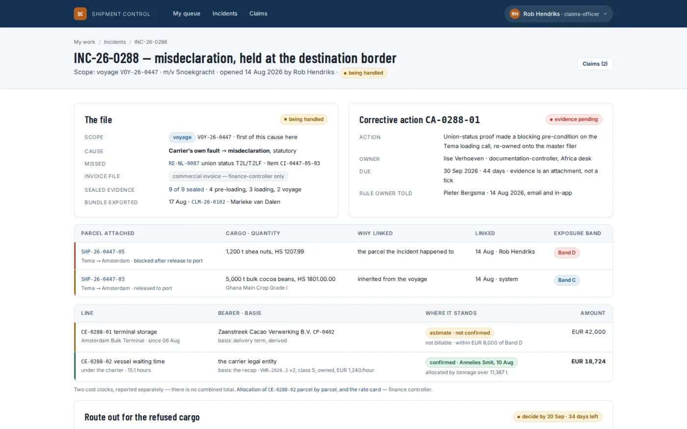 Incidents at three scopes, with a cause taxonomy that forces a corrective action when the fault is the shipowner’s.