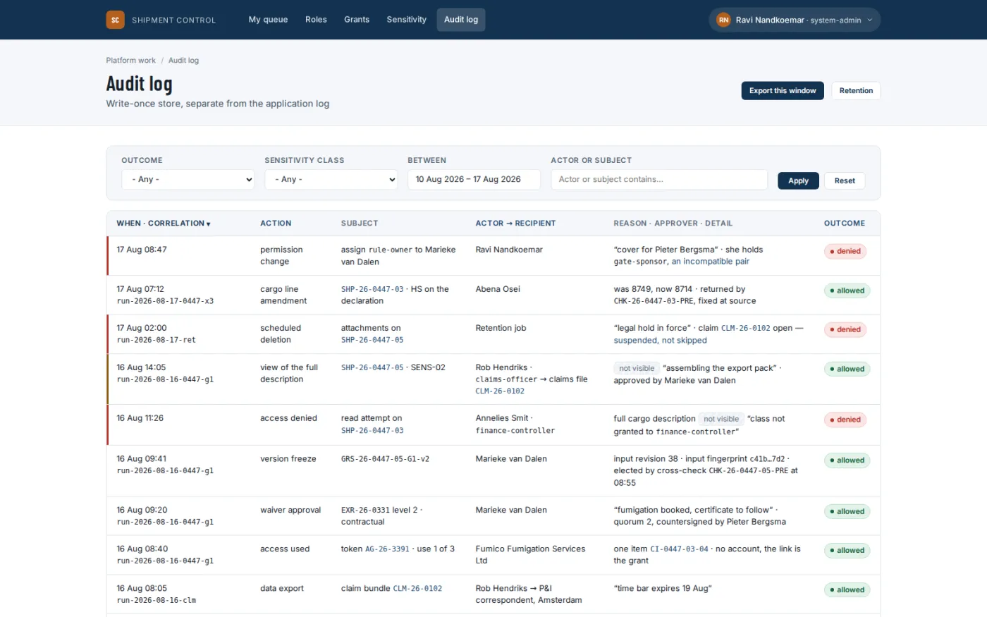 An audit log written once for sensitive actions and kept apart from the application log.