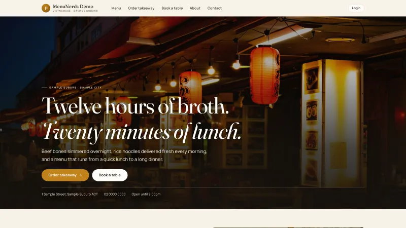 The restaurant public home page, leading guests straight into the menu, takeaway ordering and table booking from one place.