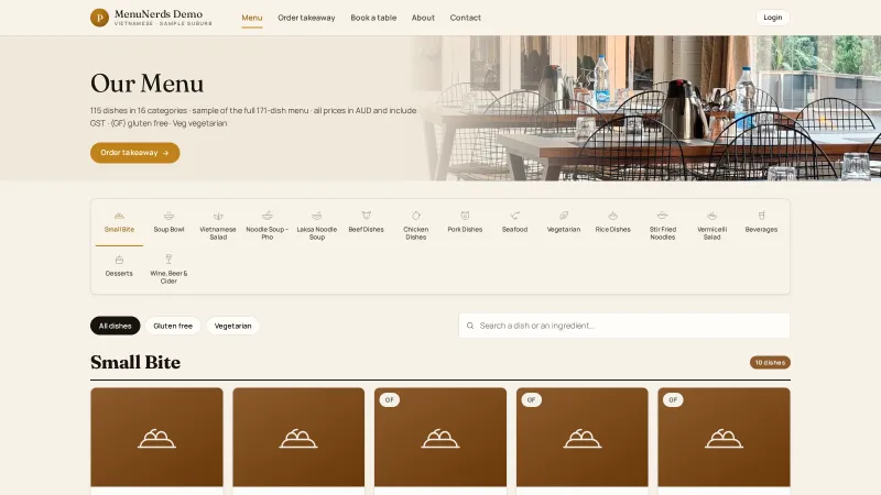 MenuNerds demo restaurant menu page with an Order takeaway button, dish categories and a photo of the dining room