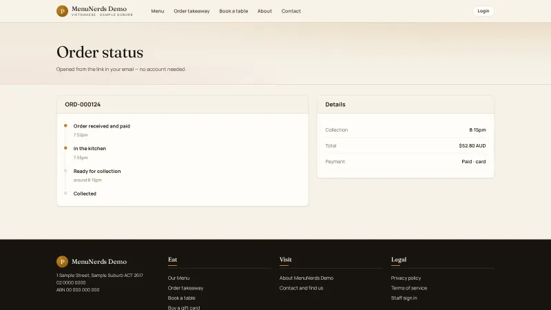 MenuNerds order status page tracking a takeaway order from payment to collection