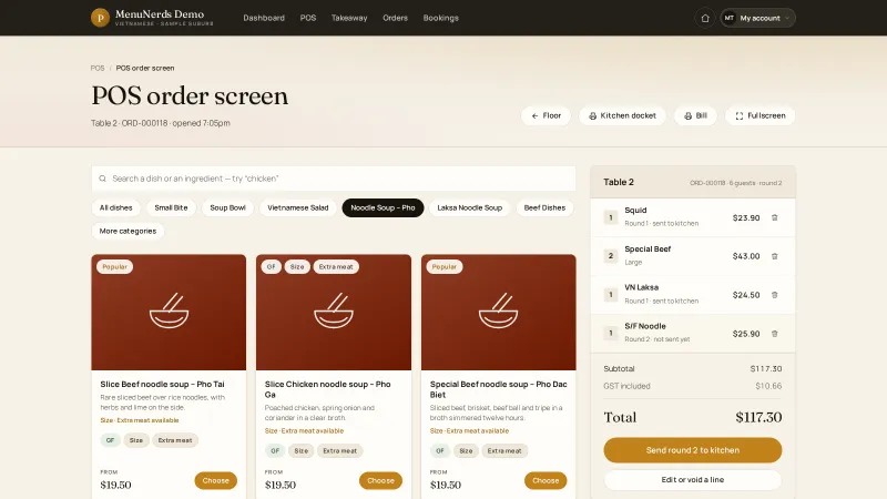 MenuNerds POS order screen where a waiter adds dishes to a table order
