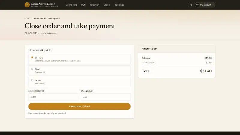 MenuNerds screen that closes a counter order and records how it was paid