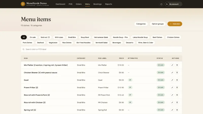 MenuNerds menu management table of dishes with category, price and sale status