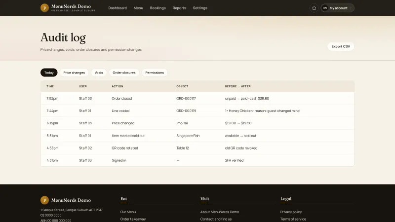 MenuNerds audit log of price changes, voided lines, order closures and permission changes by staff account