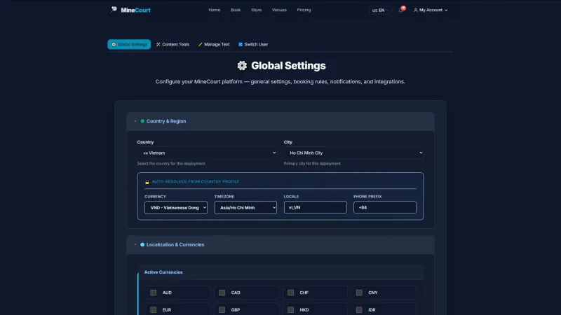 MineCourt Global Settings page for the country, city, currency, time zone and locale of the platform