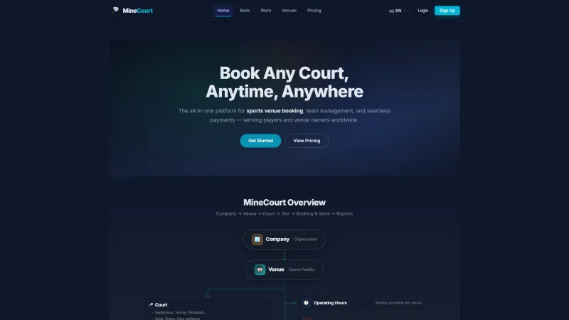 MineCourt public home page with the court booking headline and an overview of companies, venues and courts