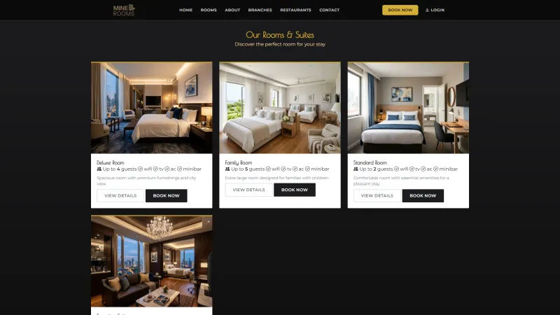 MineRooms rooms page with room cards for deluxe, family and standard rooms, each with its guests, amenities and a Book Now button