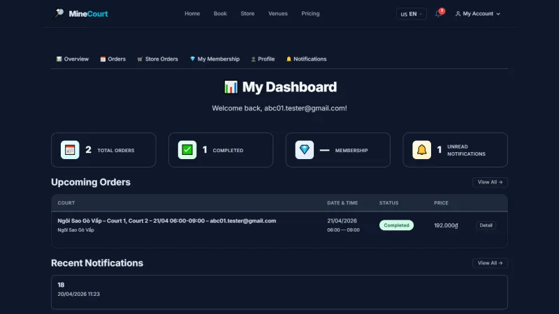 MineCourt player dashboard with order totals, upcoming bookings and recent notifications