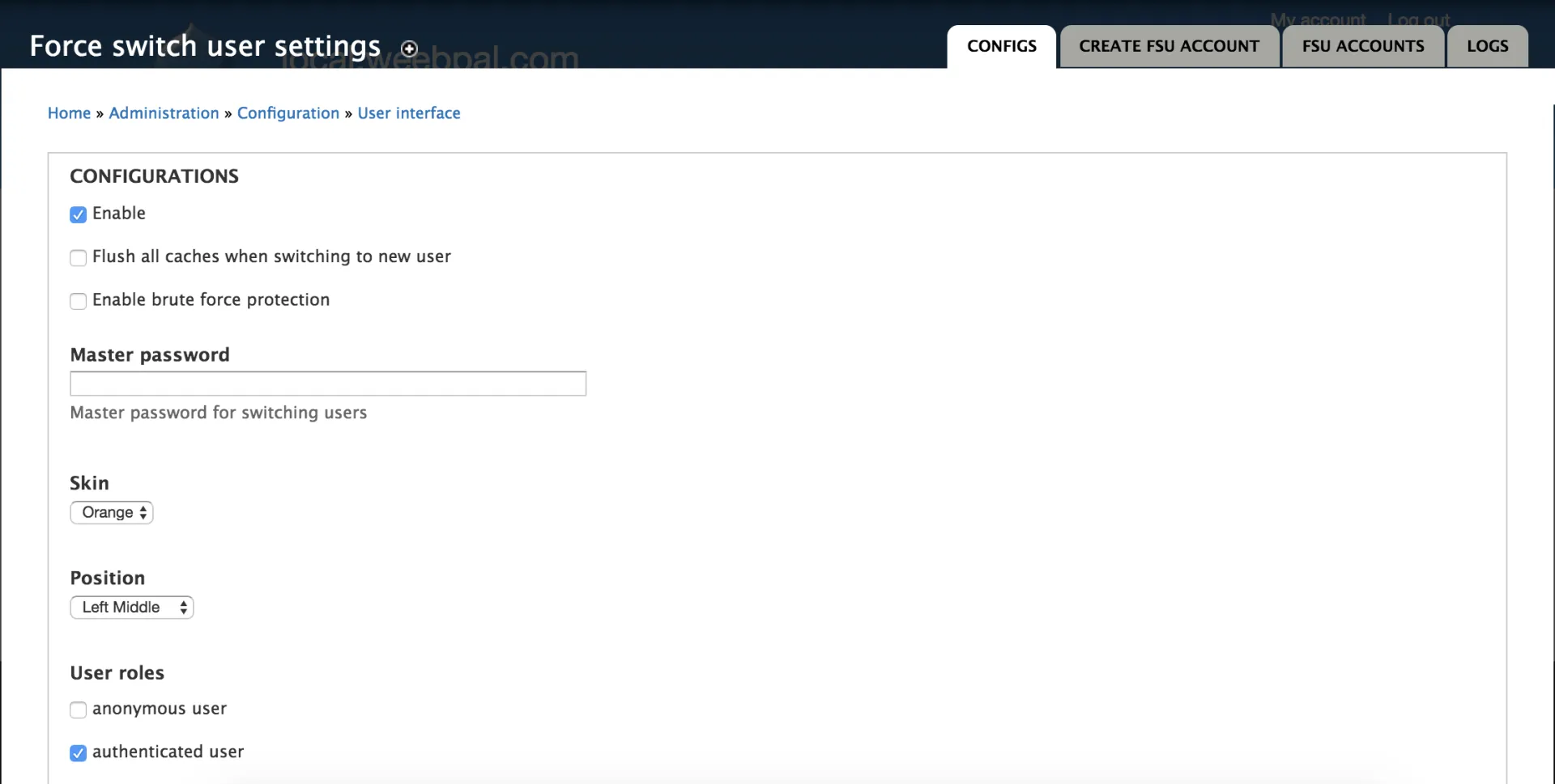 Force Switch User settings page in the Drupal 7 admin, with the Configs, Create FSU account, FSU accounts and Logs tabs